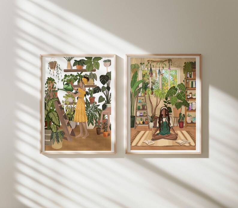 May include: Two framed illustrations of women in a room filled with plants. The woman on the left is watering plants while the woman on the right is meditating. Both illustrations have a light brown background.