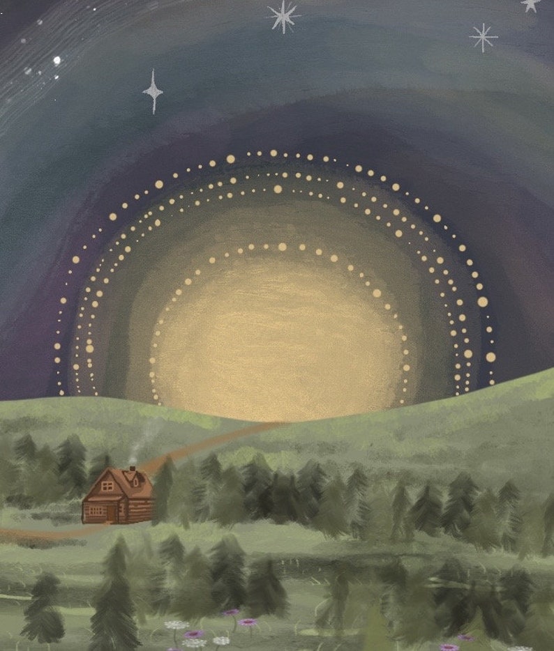 K&ouml;nnte beinhalten: Ein digitales Gem&auml;lde einer H&uuml;tte im Wald mit einer goldenen Sonne, die hinter ihr aufgeht. Der Himmel ist dunkelblau mit wei&szlig;en Sternen und einem hellvioletten Farbverlauf. Die H&uuml;tte ist braun mit einem wei&szlig;en Schornstein und einer wei&szlig;en T&uuml;r. Die B&auml;ume sind gr&uuml;n und der Boden ist gr&uuml;n mit einem Weg, der zur H&uuml;tte f&uuml;hrt.