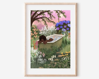 May include: A woman relaxes in a bathtub surrounded by a lush garden with pink, white, and blue flowers. The sky is a soft pink and the scene is peaceful and serene.