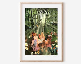 May include: A group of women in a circle, meditating in a lush green jungle setting. The women are wearing colorful clothing and have their eyes closed. The jungle is filled with vibrant flowers and foliage.