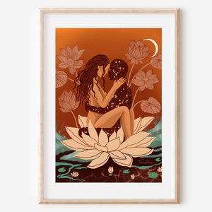 Seelenverwandte - Fine Art Print spirituelle Liebe Illustration Wanddekor Poster Paar Freundin Freund Verbindung Hippie erdig Lotus Liebhaber