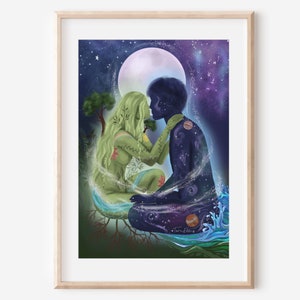 The BALANCE of LIFE - fine art print, nature universe spiritual connection couple illustration wall decor poster lovers soul mates gift moon
