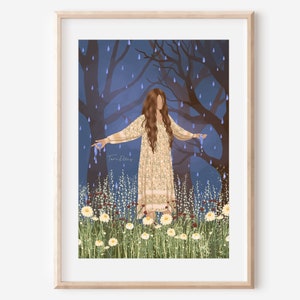 RAIN AND RENEWAL- fine art print woodland woman spiritual illustration wall decor poster cleansing nature hippie healing boho witchy plants