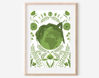 GREEN EARTH - fine art print planet eco environment nature girl illustration wall decor poster spiritual plants ethereal whimsical magical