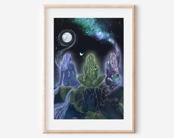 May include: A framed art print depicts three figures seated on a celestial landscape. The figures, rendered in shades of blue and green, are positioned beneath a night sky filled with stars and a full moon. A butterfly hovers near the central figure.