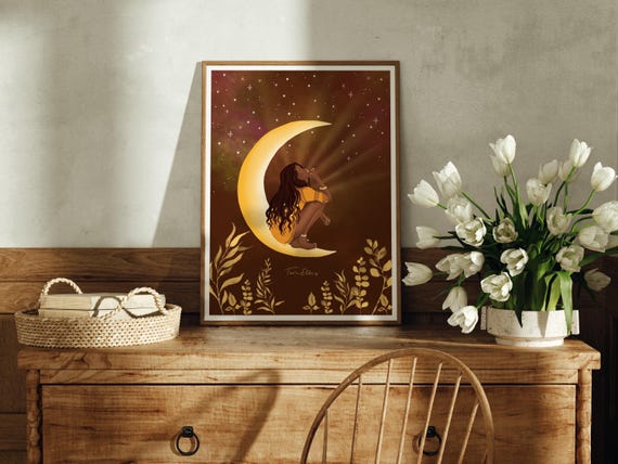 Poster de loup pleine lune - Art mural rétro esthétique - Décoration de chambre ou de bureau - 40 x 60 cm - Style cadre