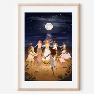 May include: A digital illustration of seven women in white dresses dancing around a bonfire on a beach at night. The moon is full and bright in the sky, and there are stars visible. The women are all smiling and appear to be enjoying themselves.
