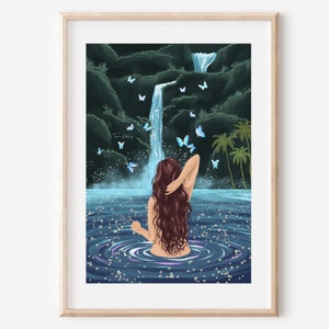BUTTERFLY POOL - fine art print waterfall enchanted  tropical illustrationwall decor poster spiritual goddess ethereal whimsical visionary