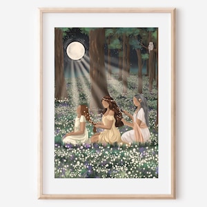 May include: A framed art print depicts three figures in a moonlit forest, surrounded by flowers. One figure braids another's hair. The artwork features a full moon, an owl, and light beams. The color palette includes greens, browns, and soft yellows.