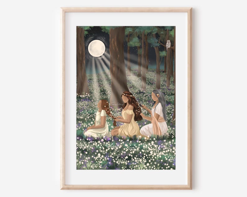 May include: A framed art print depicts three figures in a moonlit forest, surrounded by flowers. One figure braids another's hair. The artwork features a full moon, an owl, and light beams. The color palette includes greens, browns, and soft yellows.