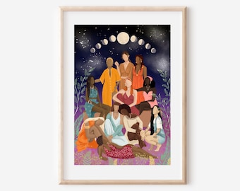 Women Unite - fine art print female empowerment illustration wall decor poster moon female friendship unity diversity sisterhood gift