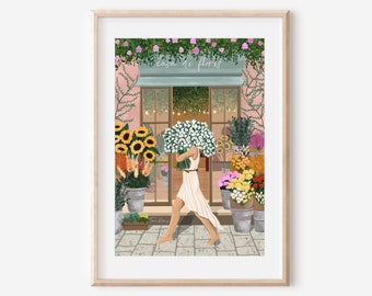 THE FLOWER SHOP - fine art print bouquet florist woman illustration wall decor poster spiritual hippie colourful boho sunflowers blooms girl