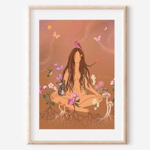 ROOTED IN NATURE - fine art poster earthy spring animal plants  illustration wall decor poster boho girl grounded gaia