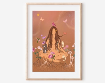 ROOTED IN NATURE - fine art poster earthy spring animal plants  illustration wall decor poster boho girl grounded gaia