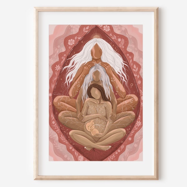 GUARIGIONE ANCESTRALE - stampa artistica nonna madre bambino neonato generazionale doula regalo illustrazione poster decorazione murale arte spirituale nascita