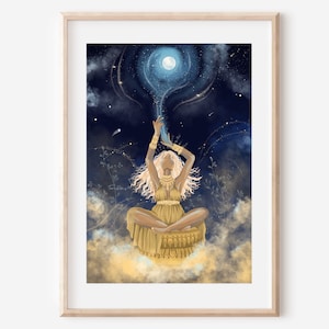 GOLDEN GODDESS - Kunstdruck Frau kosmisch Illustration Wanddeko Poster kosmisch magisch Geschenk verträumt ätherisch witchy Mond