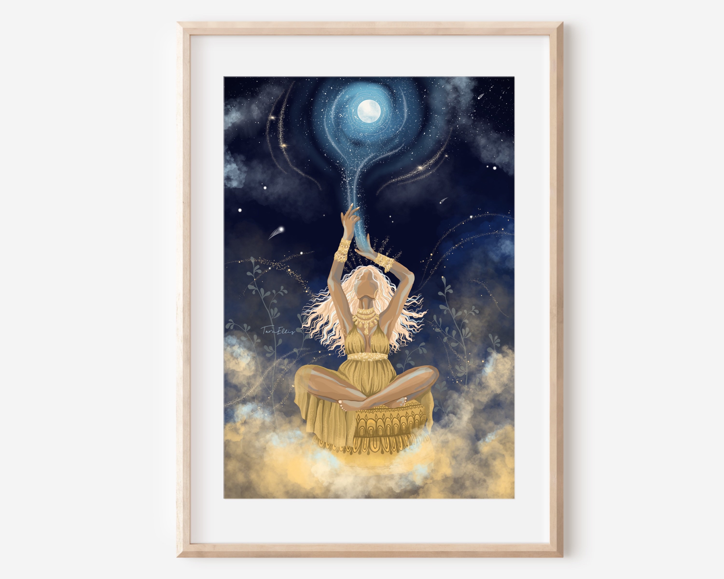 黄金の女神 - ファインアートプリント、魔法の女性、宇宙のイラスト