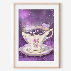 May include: A purple teacup with a galaxy design and a woman with purple hair floating in the tea. The teacup is on a saucer with a purple floral design. The background is a purple galaxy with stars.