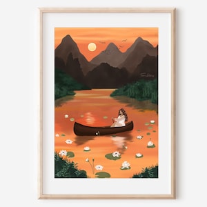 JOURNEY - fine art print wanderlust boat solitude illustration wall decor poster spiritual solo female travel gift nature sunset Vietnam
