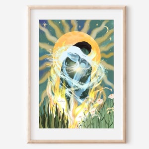 Puede incluir: Una ilustración digital de dos figuras abrazándose en un abrazo ardiente. Las figuras están rodeadas por un sol y estrellas brillantes. El fondo es un verde y azul vibrantes.