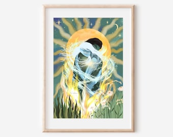 TVILLINGFLAMMAN | konsttryck älskande par omfamnar kärlek illustration väggdekor poster själsfränder sol andligt uppvaknande natur eterisk