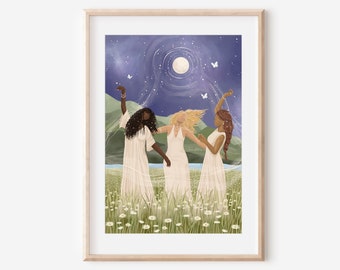 May include: Three women in white dresses dance in a field of white flowers under a full moon and a starry sky. The women are of different ethnicities and have their arms around each other.