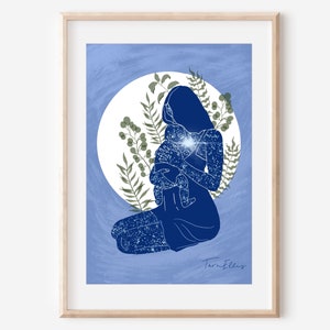 MUTTERLIEBE - Fine Art Print Mond Baby Mama Mutter Illustration Druck Wanddekor Poster spirituelle Illustration Geschenk heilige Verbindung
