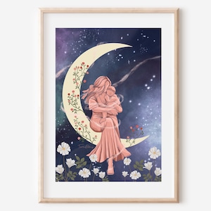 MOTHERHOOD - fine art poster print Mother love child baby moon mother maternal gift illustration wall decor spiritual celestial whimsical