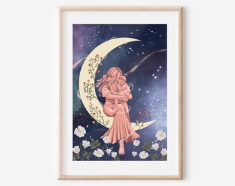 MOTHERHOOD - fine art poster print Mother love child baby moon mother maternal gift illustration wall decor spiritual celestial whimsical