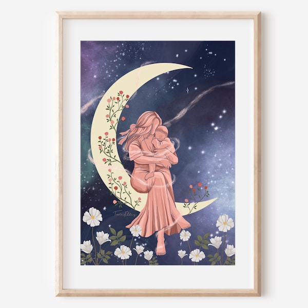 MATERNIDAD - impresión de póster de bellas artes Madre amor niño bebé luna madre regalo maternal ilustración decoración de pared espiritual celestial caprichoso