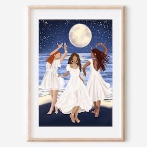May include: Three women in white dresses dance on a beach under a full moon and a starry sky.
