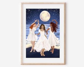 May include: Three women in white dresses dance on a beach under a full moon and a starry sky.