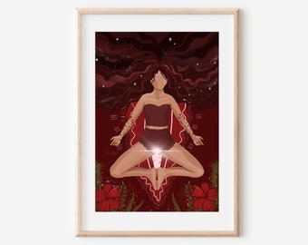 Op de afbeelding: Een digitale illustratie van een vrouw die mediteert in een lotuspositie met gekruiste benen. Ze draagt een donkerrode top en een witte rok. Haar haar is lang en donker, en ze is omringd door een rood en gouden mandala. De achtergrond is donkerrood met sterren.