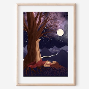 EARTH and SKY - fine art tree cosmic woman spiritual illustration print