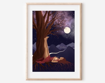 EARTH and SKY - fine art print tree yoga yogi earthy moon sensory healing spiritual illustration wall decor poster spiritual therapy