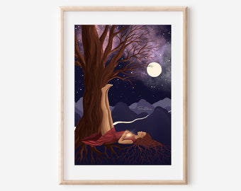 EARTH and SKY - fine art tree cosmic woman spiritual illustration print