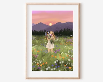 May include: A woman in a white dress stands in a field of wildflowers, holding a bouquet of flowers. The sky is a soft pink and purple, with a setting sun in the distance.