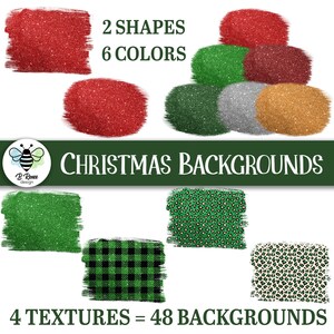Può includere: Set di clipart digitale di sfondi natalizi con 2 forme, 6 colori e 4 trame. Il set include trame di glitter rosso, verde, oro, argento e bianco e nero. Le forme sono un rettangolo e un cerchio.