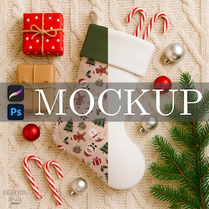 May include: A Christmas stocking with a green cuff and a festive pattern of gingerbread men, trees, and gifts. The image includes wrapped presents, candy canes, ornaments, and the word "MOCKUP".
