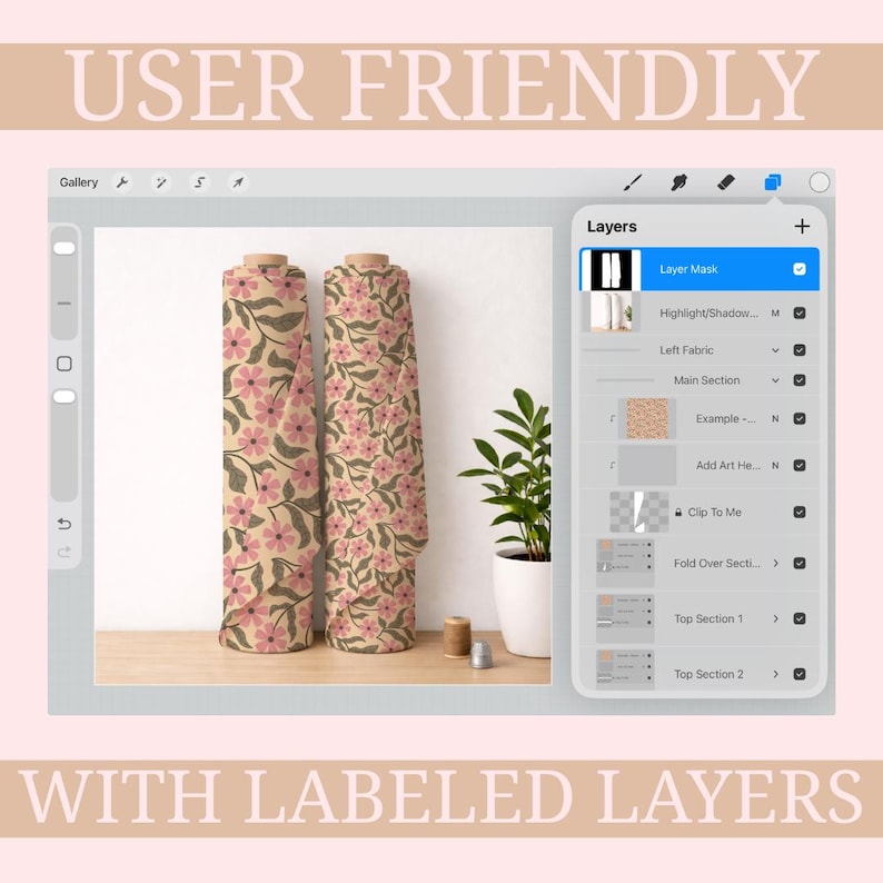 May include: Two rolls of fabric with a floral pattern of pink flowers and green leaves on a beige background. The image also shows a digital interface with labeled layers and the text "USER FRIENDLY WITH LABELED LAYERS". A small potted plant and spools of thread are also visible.