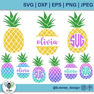 Puede incluir: Un conjunto de nueve archivos de corte SVG de piña. Las piñas son amarillas, azules y moradas. Algunas piñas tienen el nombre "olivia" y el monograma "SUB" en ellas.
