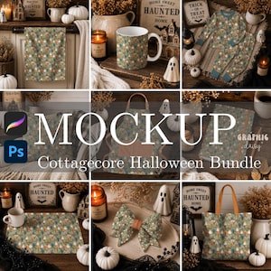 May include: A collection of Cottagecore Halloween-themed products, including a mug, apron, tote bag, pajama set, and bow, all featuring a repeating pattern of mushrooms and foliage. The image includes pumpkins, candles, and ghost decorations.