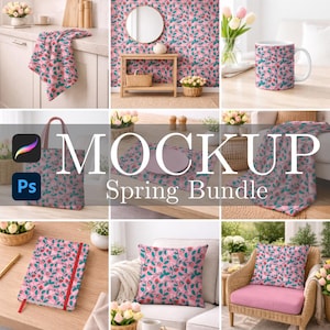 May include: A spring bundle mockup showcasing items with a pink floral design. The image includes a mug, tote bag, towel, notebook, blanket, and cushions. The words "MOCKUP Spring Bundle" are displayed in the center of the image.