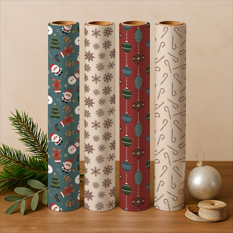 Pu&ograve; includere: Quattro rotoli di carta da regalo a tema natalizio. I disegni includono Babbo Natale, fiocchi di neve, ornamenti e bastoncini di zucchero. I rotoli sono in verde, rosso e beige. Una palla d'argento e una bobina di nastro sono su una superficie di legno.