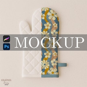 May include: A quilted oven mitt with a white, diamond-stitched design on the left side and a floral pattern on the right. The floral pattern features white daisies on a blue background with yellow and peach wavy stripes. The word "MOCKUP" is across the center.