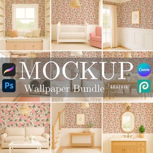 May include: A mockup image showcasing a wallpaper bundle with various room settings. The wallpaper features a floral pattern with pink flowers and green leaves on a cream background. The image includes text that reads "MOCKUP Wallpaper Bundle".