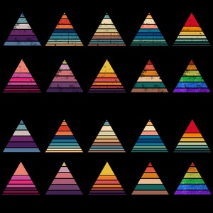 Puede incluir: Un conjunto de 20 dise&ntilde;os de tri&aacute;ngulos coloridos con un aspecto retro y vintage. Cada tri&aacute;ngulo presenta un esquema de color diferente con rayas horizontales. Los tri&aacute;ngulos est&aacute;n dispuestos en cuatro filas de cinco.