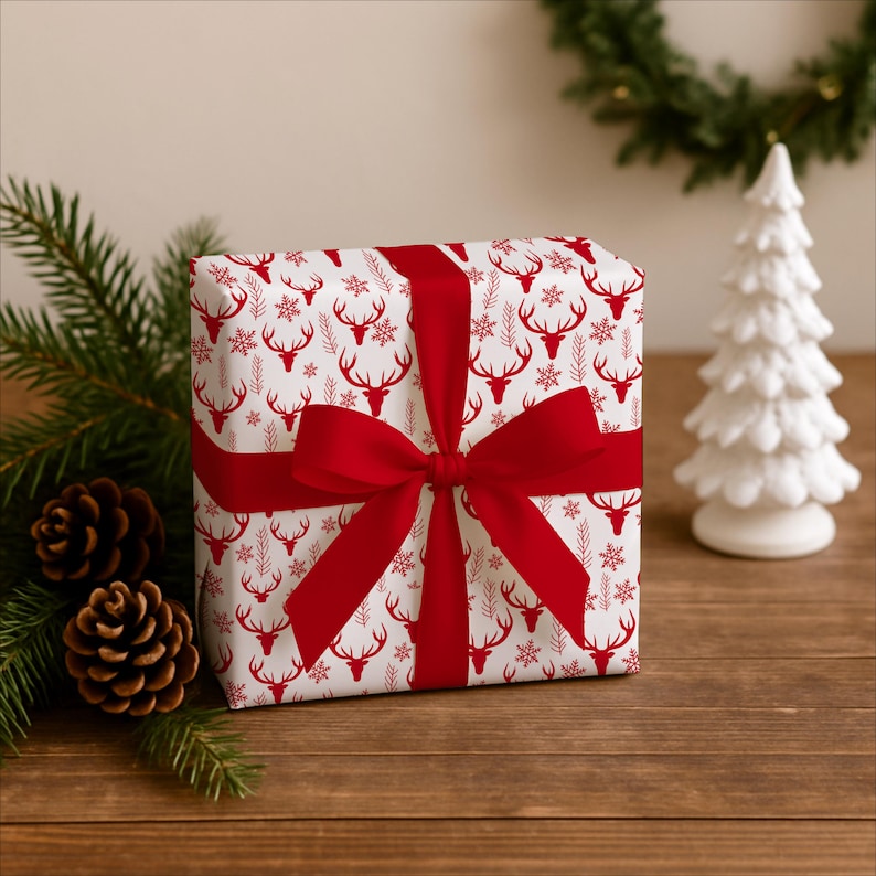 Pu&ograve; includere: Un regalo avvolto in carta bianca con un motivo di cervi e fiocchi di neve rossi, legato con un nastro e un fiocco rossi. Poggia su una superficie di legno, con pigne, un piccolo albero di Natale bianco e vegetazione sullo sfondo.