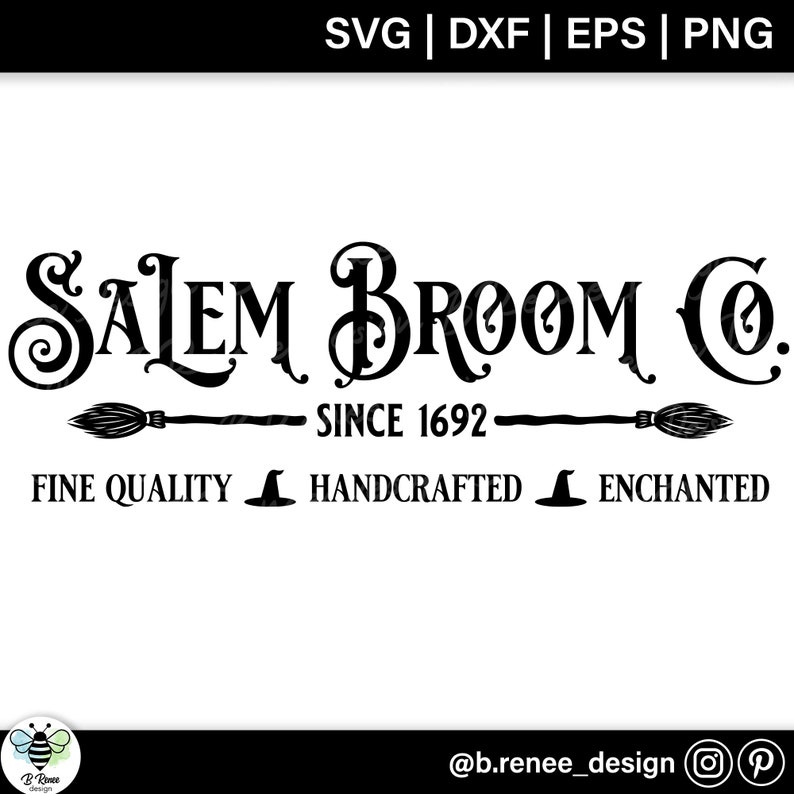 Peut inclure: Conception graphique en noir et blanc pour une entreprise appel&eacute;e "Salem Broom Co." avec le texte "Since 1692", "Fine Quality", "Handcrafted", et "Enchanted".