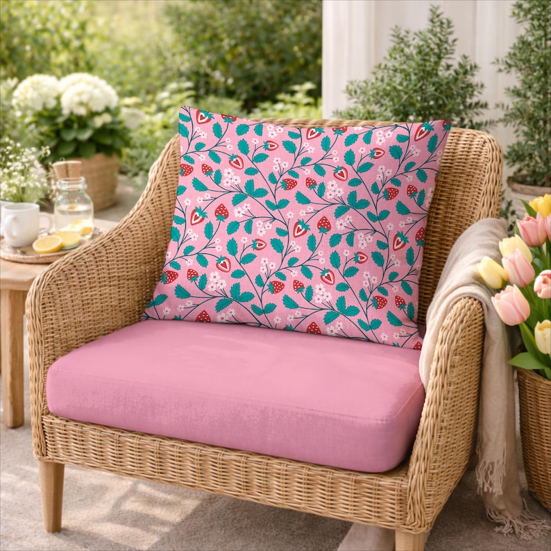 May include: A pink outdoor cushion and pillow set on a wicker chair. The pillow features a strawberry pattern with red berries, green leaves, and white flowers on a pink background. The cushion is a solid pink color.